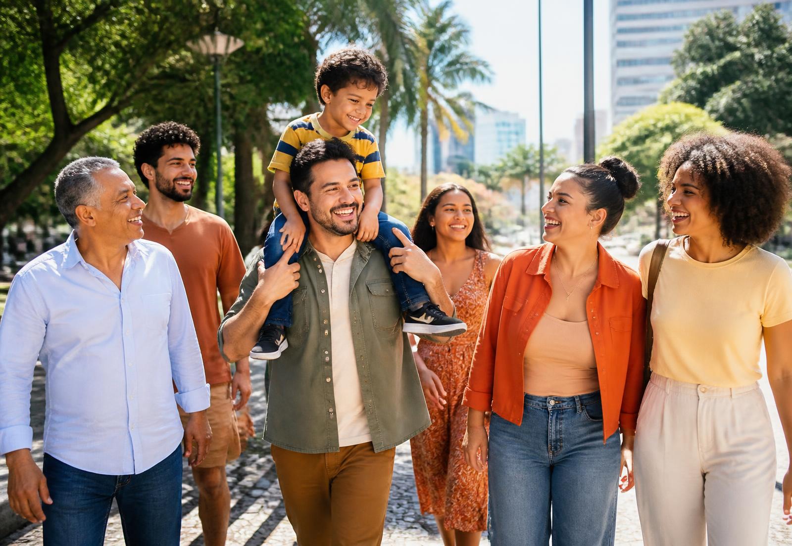 Pessoas de diferentes idades caminhando juntas e sorrindo em um parque ensolarado
