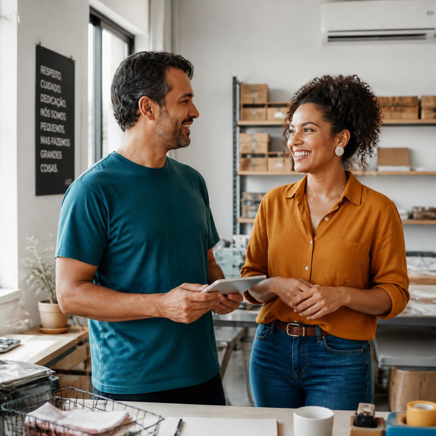 Dois empreendedores conversando e sorrindo no ambiente de trabalho